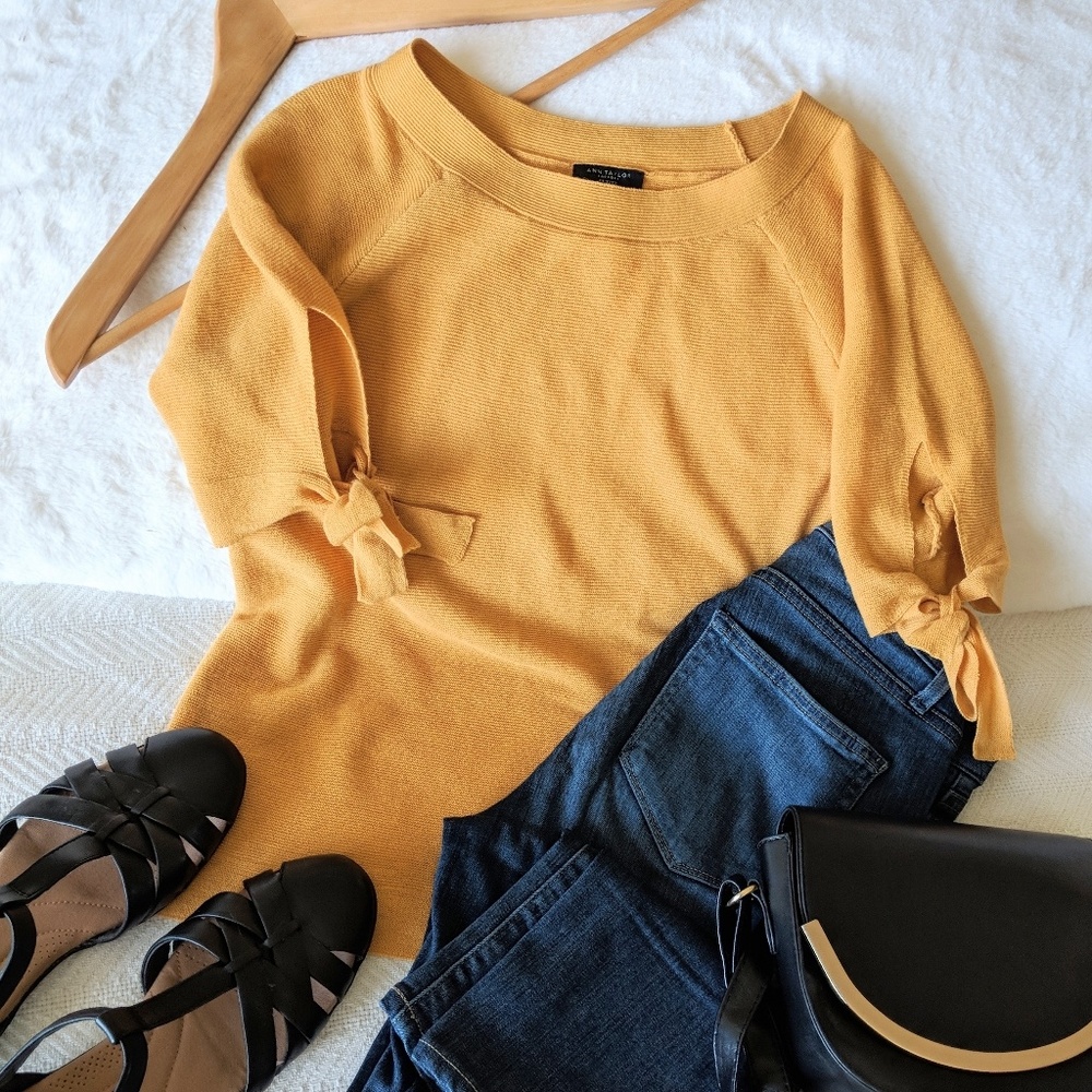 Ann Taylor Mustard Sweater w/Sleeve Bows